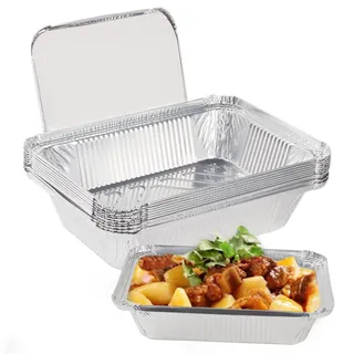 ACHANFLY 10 Stück Alu Grillschale mit Deckel 2250 ml Grill Aluschalen Einweg Tropfschalen aus Aluminium Fettauffangschalen für Backen Braten Kochen (Groß, 32x21x5 cm)
