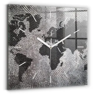 Wallfluent Wanduhr – Stilles Quarzuhrwerk - Uhr Dekoration Wohnzimmer Schlafzimmer Küche - Zifferblatt mit Striche - weiße Zeiger - 30x30 cm - Weltkarte aus Beton - Grau