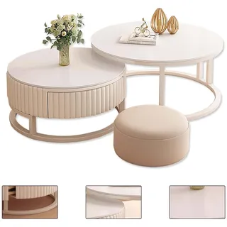 MDXVRKYBC Runder Couchtisch 2er Set Weiß Wohnzimmer Tisch Rund Couchtisch Mit Gebürsteter Metallrahmen, 50+70cm Moderne Wohnzimmertisch Rund Kaffeetische Satztische Für Balkon Büro Schlafzimmer Weiss