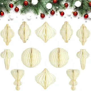 12 Stück Weihnachten Papier Wabenbälle Party Pom Poms Glitzer Design Speziell Geformte Dekorative Papierlaterne Ornament für Weihnachtsbaum Weihnachten Party Haus Urlaub Deko, Weiß