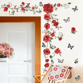 decalmile Wandtattoo Rose Rot Wandaufkleber Blumen Blätter Schmetterling Wandsticker Mädchen Schlafzimmer Wohnzimmer Küche Wanddeko