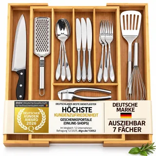 Dimono® Besteckkasten für Schublade 45,5cm ausziehbarer Besteckeinsatz | Sofortige Ordnung, anpassbares Schubladen Ordnungssystem, 5-7 Fächer aus Bambus Holz, flexibler Besteckkasten, 33x29-45,5cm