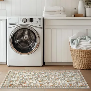 TOPICK Blumen Läufer Flur Waschbar Küche Läufer Kurzflor Vintage Orange-Blau Romantisch Teppich 60x150cm Antibakterieller Faltbar rutschfest Dünn Teppich für Brücken Schlafzimmer Wohnzimmer Flur