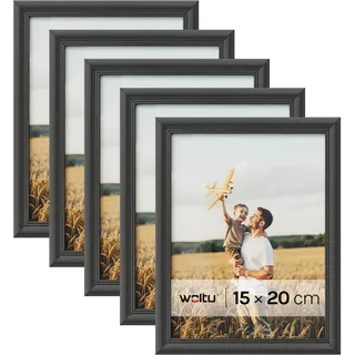 WOLTU Bilderrahmen 15x20cm 5er Set Fotorahmen Holzrahmen mit Passepartout, zum vertikalen oder horizontalen Aufhängen/Aufstellen, Posterrahmen Collage Wanddeko, Schwarz