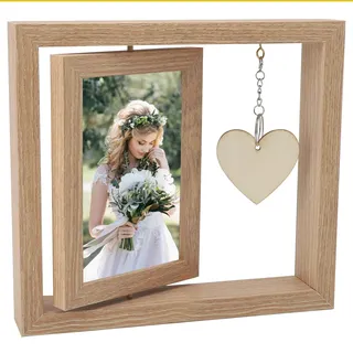 KQDRAVINE Bilderrahmen 10x15cm Geschenk für Mama, Drehbare Fotorahmen Holzrahmen mit Herz Anhänger, Personalisiert Doppelseitiger Fotorahmen (Wood grain color)