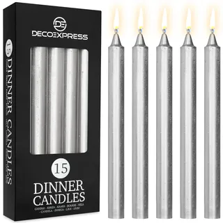 DECO EXPRESS Stabkerzen Kerzen Set 15er Pack Handgemachte Rustik Kerzen Geruchslos Lange Brenndauer bis zu 9 Stunden Tropffreie Tafelkerzen (Silber - 15 Pack)