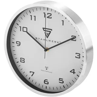 STAHLWERK Wanduhr 30 cm silberne Werkstattuhr mit Aluminium-Gehäuse RCC-Uhrwerk