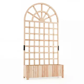 FANTASK Pflanzkasten mit Rankgitter, Hochbeet Pflanzgefäß mit Spalier & Entwässerung, Blumenkasten für Kletterpflanzen, Blumenkübel Holz für Garten Balkon Sichtschutz, 91 x 30 x 182 cm (Natur)
