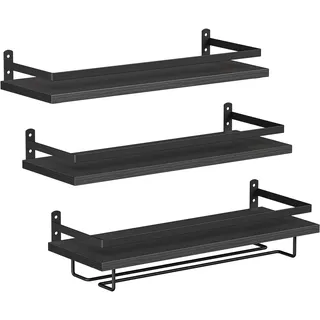 HOOBRO Wandmontierte Weinregale 3er Set, Weinregale, Hängende schwimmende Wandregale, Weinglas-Flaschenhalter, Stielglashalter, für Wohnzimmer, Esszimmer, Küche, Schwarz EBB34BJ01