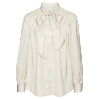 Schluppenbluse LASCANA, Damen, Gr. 44, beige, Satin, Obermaterial: 100% Polyester, unifarben, figurumspielend hüftbedeckend, Rundhals, 2-Knopf-Manschette mit Schlitz, Blusen Schluppenbluse, mit Raffungen
