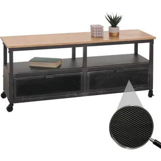 Lowboard HWC-N28, TV-Rack, Rollen 2 Fächer, 3D-Struktur Industrial Retro Metall Holz 55x130x36cm  schwarz, natur - Beige