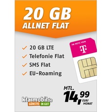 klarmobil Allnet Flat 20 GB – Handyvertrag 24 Monate im Telekom Netz mit Internet Flat, Flat Telefonie und EU-Roaming – Aktivierungscode per E-Mail