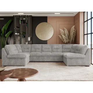 Wohnzimmersofa mit Schlaffunktion, U-form Ecksofa mit Topper, Sofa big XXL, Bettfunktion, Wellenfedern und HR-Schaum - COMODO U - Cord - Hellgrau - Hellgrau