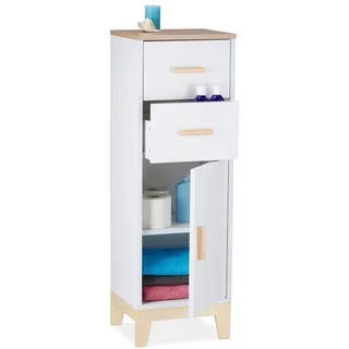 Relaxdays Badezimmerschrank, 2 Schubladen, Türfach, HxBxT: 97,5 x 32 x 28 cm, Bad & Flur, schmaler Midischrank, weiß