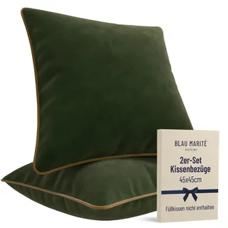 Blau Marité Kissenbezüge 45x45 cm – 2er Set aus weichem Samt – Dekokissen mit kontrastierendem Rand – Grün & Camel – Ohne Füllung