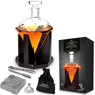 MikaMax – Diamond Decanter – Whisky Karaffe in Diamant Form - Whiskey Decanter - Luftdichtes Siegel - mit Holz Standard - 850 ml – MaßE 19 x 13 x 13 cm