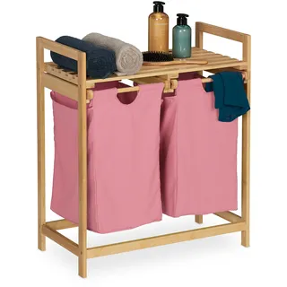 Relaxdays Wäschekorb Regal, Bambus, ausziehbar, HBT: 73 x 64 x 33 cm, Wäschesammler, 2 Fächer, Wäscheablage, natur/rosa