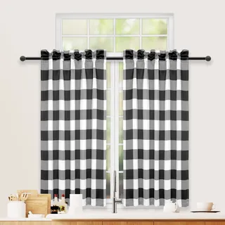 Simple Deluxe Buffalo Karo-Küchenvorhänge, kurzer Kleiner Fenster-Gingham-Vorhang für Café, Badezimmer, Küchenstangen-Taschenvorhänge, 66 cm B x 91 cm L, Schwarz und Weiß