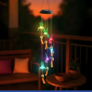 Maximex LED Windspiel Mod. Kolibri Solar, wetterfestes, solarbetriebenes Garten-Windspiel, leuchtet im Dunkeln, mit 6 Klang-Glocken, Solar-Panel und Aufhängehaken, 12,5 x 78 x 12,5 cm, bunt