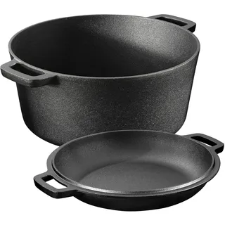 Navaris Gusseisen Topf Bratentopf Pfannendeckel - 4,7l - 2in1 Dutch Oven Pfanne temperaturbeständig rund - Gussbräter Gusstopf - alle Speisen und Kochflächen