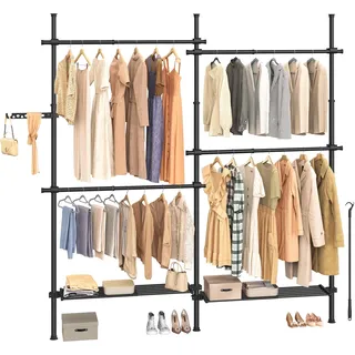 SONGMICS Teleskopstange Kleiderständer, 3-stufige Garderobe, höhen- und breitenverstellbar, offener Kleiderschrank mit 4 Kleiderstangen und 2 abnehmbaren Ablagen, Greifarm, mattschwarz HSR154B01