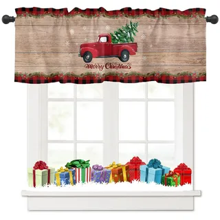 Tokusyou Weihnachten Scheibengardine Gardinen Deko Weihnachtsgardine für Küche Vorhang Lastkraftwagen Weihnachtsbaum Schneeflocken Muster Blickdicht Bistrogardinen für Schlafzimmer, B 137 × H 45 cm