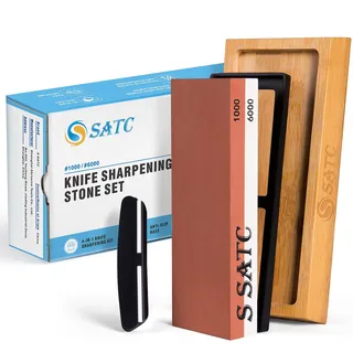 S SATC Schleifstein Messer Körnung 1000/6000 Wetzstein Professionell Schärfstein 2-IN-1 Messerschärfer Abziehstein Sharpening Stone mit Rutschfeste Bambusbasis und Winkelführung