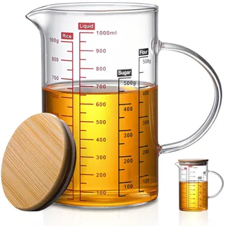 WANDGU 1000 ml Messbecher aus Glas: Temperaturbeständig Messkanne Mit Deckel, Borosilikatglas Messbecher, 1 Liter Messkrug Glas Krug, Isoliertem Griff und V-förmigem Ausguss für Küchenhelfer, Milch