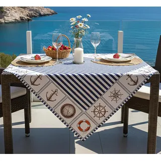 KAMACA Tischdecke Maritim – 85x85 cm quadratisch mit Leuchtturm & Anker Motiv – Blau-Weiße Tischwäsche für Küche & Garten – Waschbar & Robust – Mitteldecke für Sommer-Dekoration