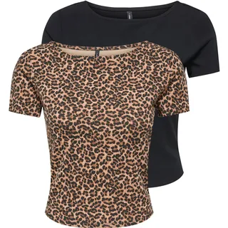 Kurzarmshirt ONLY "ONLSUSAN SHORT S/S 2 PACK TOP CS JRS", Gr. S, schwarz pack:leo, Jersey, Obermaterial: 95% Baumwolle, 5% Elasthan, bedruckt, unifarben, slim fit normal, Rundhals, Shirts Kurzarmshirt