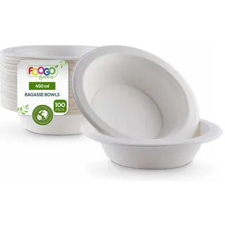 FOOGO Green Einwegschalen aus Zuckerrohr-Bagasse, Mittel 450 ml, Ø 18 cm, 100 Stück, für Suppe, Salat & Desserts, biologisch abbaubar, wie Bambus, Holz & stabile Papierschale für heiße Speisen