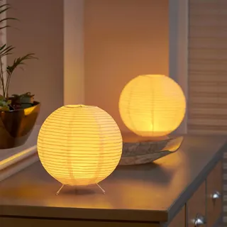 Auraglow Reispapier Tischlampen Rund 2er Pack, Batterie Kabellos 2000K | Warmweißes Laternenlicht, Drahtgestell Schirm, tragbar für Schlafzimmer, Wohnzimmer und Esszimmer, Kerzen Stimmung