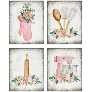 Dazzlewall 4er Set Vintage Rustikale Blumen Küche Wandbilder, Rosa Florale Leinwand Bilder mit Löffel Mixer Handschuhe Kunstwerk Deko für Küche Esszimmer 20×25 cm Ungerahmt