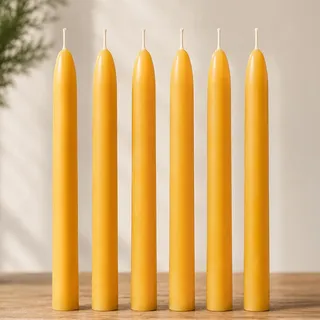 Ashlux Bienenwachs Stabkerzen & Spitzkerzen, 6 Stück, Gelb, 8 Std. | handgemacht, tropffrei, rußfrei & geruchsneutral – ideal für Weihnachten, Hochzeit, Meditation & Alltag