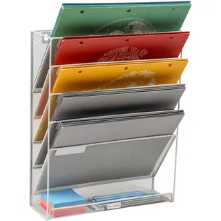 Mind Reader 5-Tier Vertical File Storage Desktop Organizer, Wall Mount, Office, Metal Mesh, 12.75" L x 4" W x 16" H, White