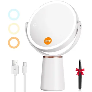 Auxmir Kosmetikspiegel mit Beleuchtung 30X/1X Vergrößerung, Schminkspiegel 3 Lichtfarben USB Aufladbar, Vergrößerungsspiegel mit Licht Touch Dimmbar, Tischspiegel Spiegel 360° Drehbar für Schminktisch