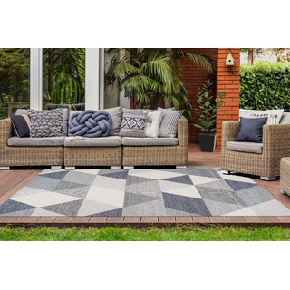 One Couture Outdoor Teppich Balkon Terrasse Teppiche Dreieck Geomet. Scandi Creme Blau Grau Wohnzimmerteppich Esszimmerteppich Teppichläufer Flur-Läufer, Größe:120cm x 170cm, MD2-461