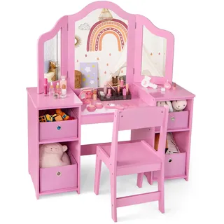 Generisch 2 in 1 Kinder Frisiertisch mit abnehmbarem Spiegel, Schminktisch Prinzessin mit Stuhl, Kosmetiktisch mit Aufbewahrungsboxen & offenen Fächern, Schminkkommode Holz für Mädchen (Rosa)