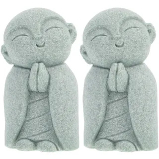 Kichvoe 2 Stück japanische Jizo-Statue aus Sandstein – Betende Buddha-Figur – Feng Shui lächelnder Mönch, Ornament für Aquarium, Heimgarten, Teichdekoration