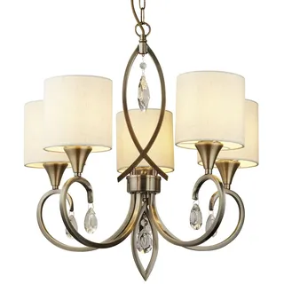 Alberto 5-flammige Pendelleuchte Messing Antik Textilschirm beige Kristalldeko - Gold