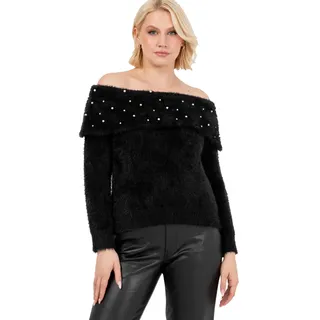Lovedrobe Women's Jumper Ladies Sweater Off Shoulder Bardot Long Sleeve Pearl Embellished Fine Eyelash Knitwear, Schwarz 40-42