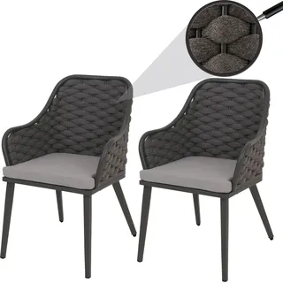 2er-Set Aluminium-Gartenstuhl HWC-O16, Outdoor Stuhl, Olefin (200 g/m2) Seilgeflecht Rope anthrazit Kissen hellgrau - Grau