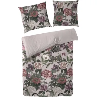 Primera Mako-Satin Bettwäsche Blümerant Blumen Dunkelgrün/Rosa/Rot 135 x 200 cm + 80 x 80 cm
