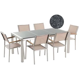 Beliani Gartenmöbel Set Grau Beige Granit Edelstahl Tisch 180 cm Poliert 6 Stühle Terrasse Outdoor Modern - Grau, Beige, Silber