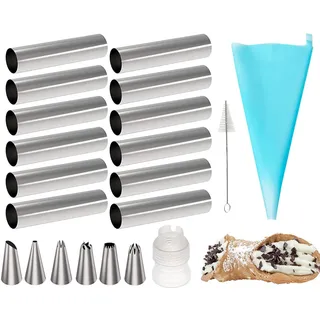 Cannoli Röhrchen, FantasyDay 21 Stück Schillerlockenform aus Edelstahl Schaumrollen Hörnchen Sahnerollen Schaumrollenformen mit Reinigungsbürst - Kuchen Spritztüllen Spirale Horn Backform Backzubehör