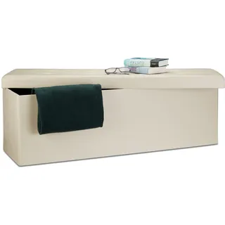 Relaxdays Faltbare Sitzbank Xl Kunstleder Sitztruhe, Aufbewahrungsbox mit viel Stauraum, Sitzhocker, Polyester/MDF, creme, 114 x 38 x 38 cm