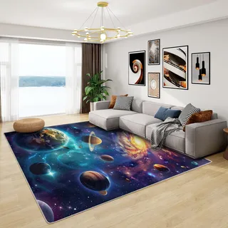 Generisch Planeten Teppich Kinderzimmer - Teppich Wohnzimmer Schlafzimmer Weltraum Kinder, Großer Teppich Junge Planeten, Weich Kurzflor & Waschbar & rutschfest Kinderteppich, Bettvorleger 120x180 cm