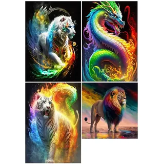 DCIDBEI DIY 5D Diamond Painting 4er Set 30x40 cm - Bilder Tiger Regenbogen, Löwe Malen Nach Zahlen, Dragon Regenbogen Stickbilder Kreuzstich Tiere
