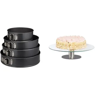 Relaxdays, grau-metallic Springform Set, 4-teilig, rund, Ø18/24/26/28 cm, Kuchenbackform & Tortenplatte drehbar, Standfuß, Kuchenplatte zum Dekorieren, Torten Drehteller für Kuchen, Ø30cm, transparent