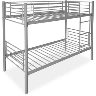 Homey Verstärktes Etagenbett komplett mit Geländer und Metalltreppe, Modell Anna, Rohrstruktur, praktisch und funktional, legierter Stahl, Grau, 90 x 190 cm